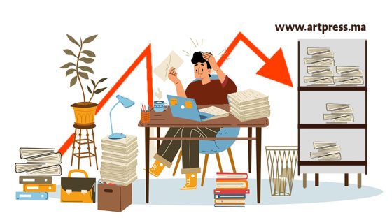 Distressed young man sitting at desk with laptop, overloaded with extra work, nervous about deadline. Flat vector illustration of male employee frustrated with lots of paperwork. Stressful job burnout