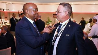 DOHA, QATAR - DECEMBER 17: FIFA Vice-President and CAF President Patrice Motsepe (L) with FIFA Council Member and Royal Moroccan Football Federation President Fouzi Lekjaa during the FIFA World Cup Qatar 2022 3rd place playoff match between Croatia and Morocco at Khalifa International Stadium on December 17, 2022 in Doha, Qatar. (Photo by Harold Cunningham/FIFA)